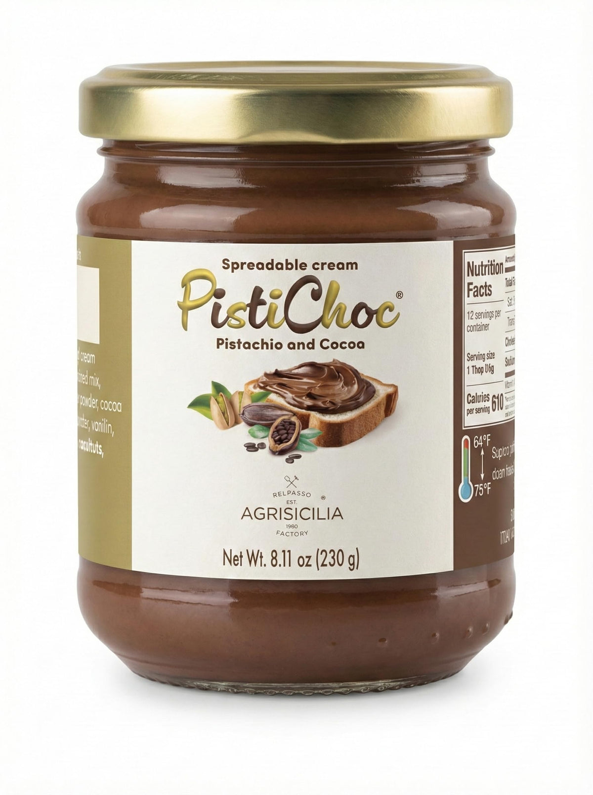 Agrisicilia Pistachio & Cocoa Cream Spread in a glass jar, glossy texture for toast
