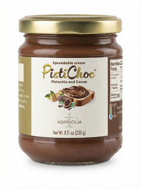 Agrisicilia Pistachio & Cocoa Cream Spread in a glass jar, glossy texture for toast