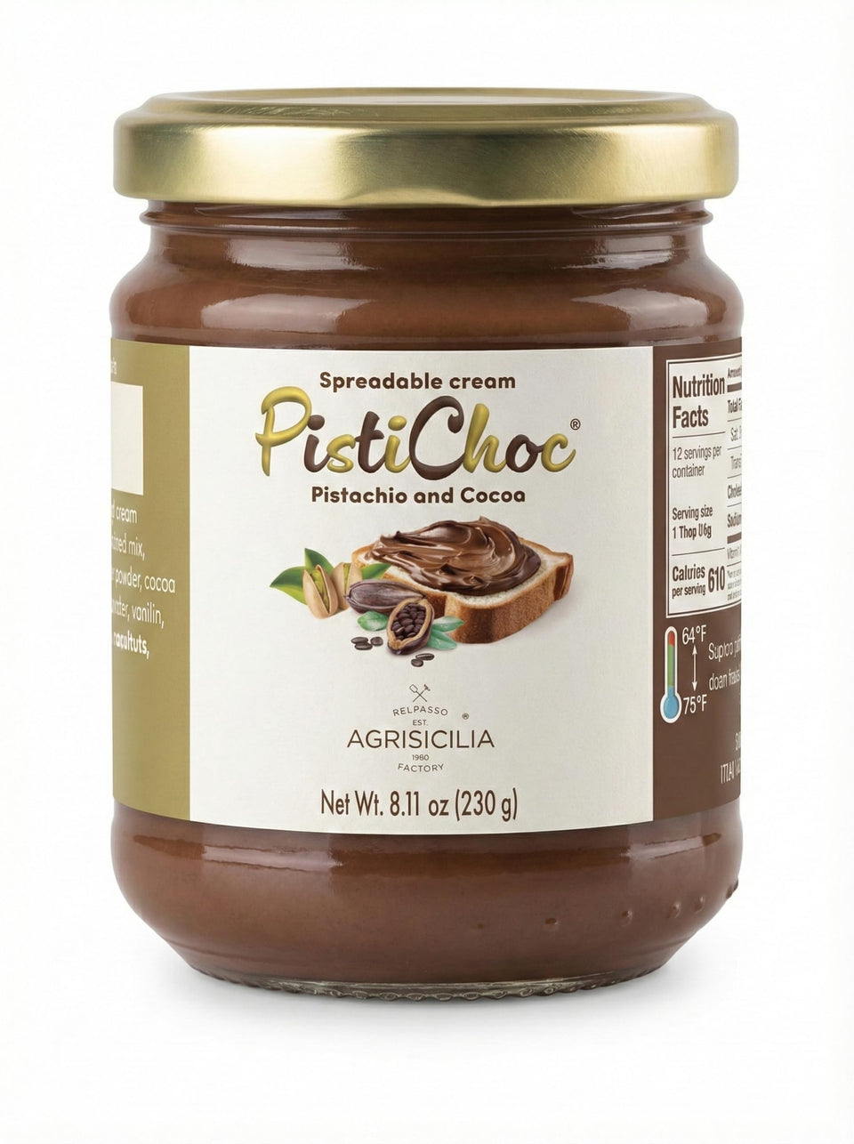 Agrisicilia Pistachio & Cocoa Cream Spread in a glass jar, glossy texture for toast