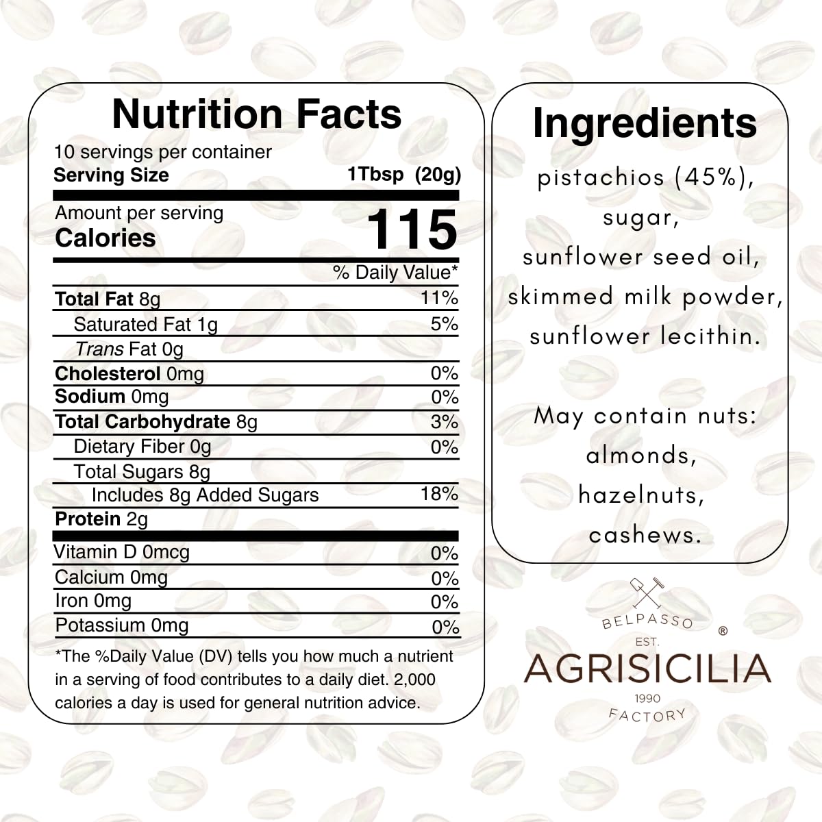 Close-up texture of Agrisicilia pistachio cream highlighting 45% pistachios.