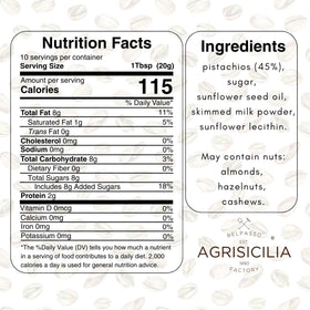 Close-up texture of Agrisicilia pistachio cream highlighting 45% pistachios.