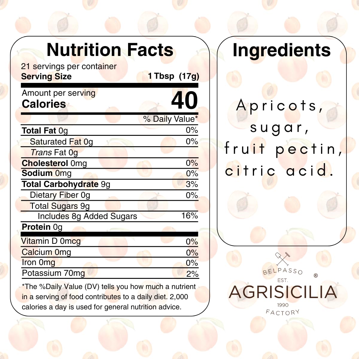 Agrisicilia Sicilian Apricot Jam label close-up highlighting natural ingredients and sweetness