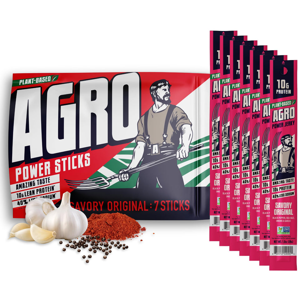 AGRO Power Vegan Jerky Stick cracked pepper close-up shows bold flavor and protein.