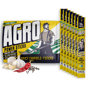 AGRO POWER Vegan Jerky Sticks front-pack shows spicy chipotle and 10g protein per stick