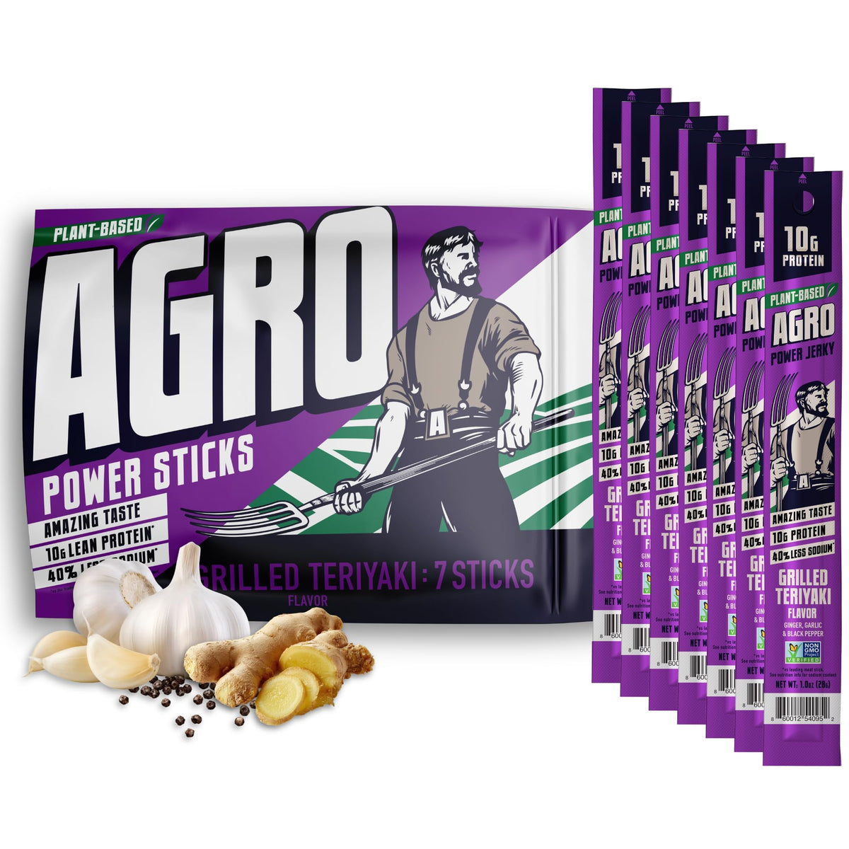 AGRO Power Vegan Jerky Teriyaki stick viewed from the front, ready to eat