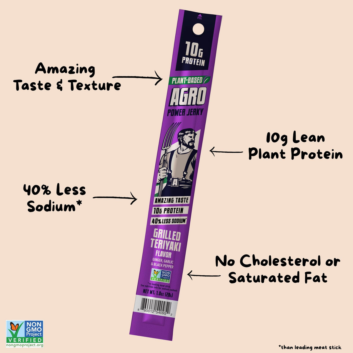 AGRO Power Vegan Jerky Teriyaki label showing Non-GMO certification