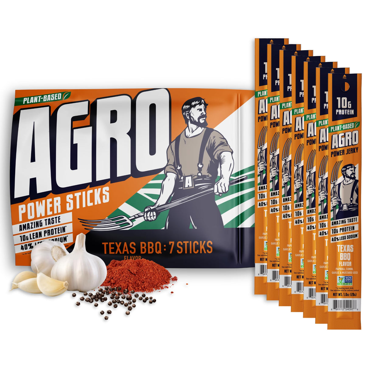 AGRO POWER Vegan Jerky Sticks Texas BBQ pack close-up highlighting savory texture for on-the-go