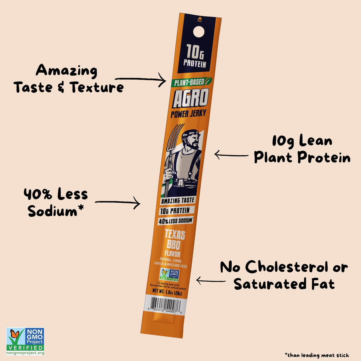 AGRO POWER Vegan Jerky Sticks Texas BBQ texture close-up showing a satisfying bite