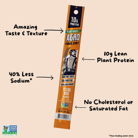 AGRO POWER Vegan Jerky Sticks Texas BBQ texture close-up showing a satisfying bite