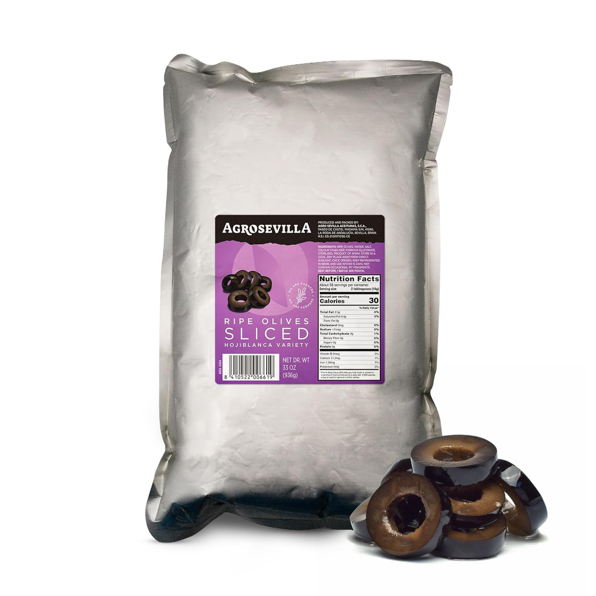 AGROSEVILLA sliced black olives bulk 33oz pouch, ideal for quick recipes.