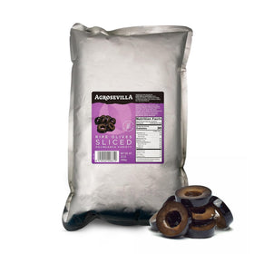 AGROSEVILLA sliced black olives bulk 33oz pouch, ideal for quick recipes.