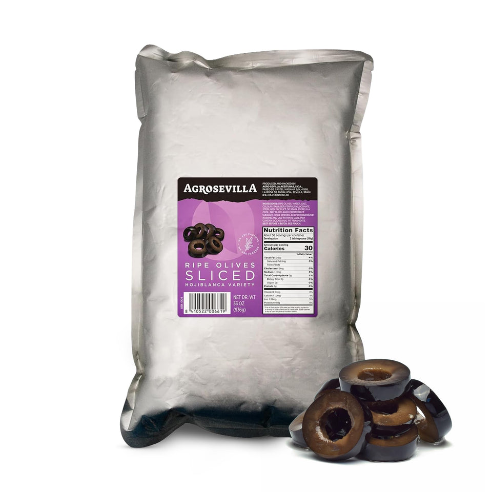 AGROSEVILLA sliced black olives bulk 33oz pouch, ideal for quick recipes.