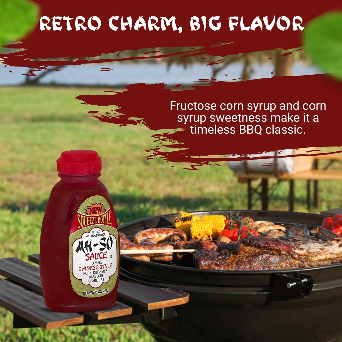 Ah So sauce bottle pouring action closeup emphasizes easy meals