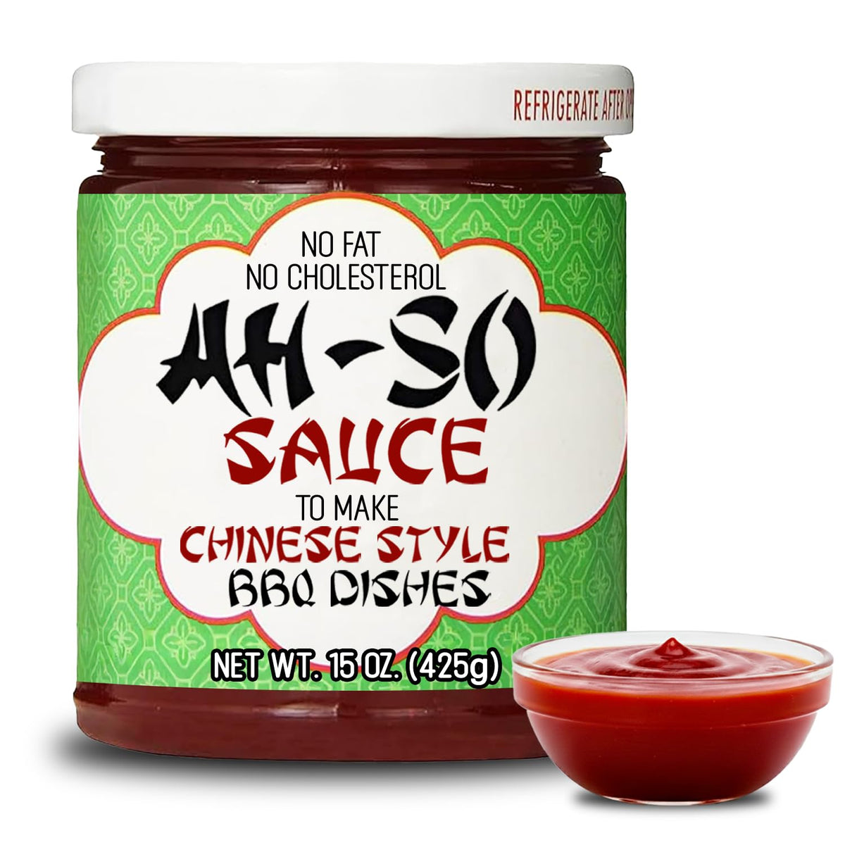 Ah So Chinese Rib Sauce bottle with glossy neon-red glaze, perfect for pork ribs.