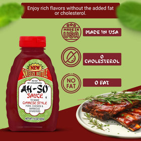 Ah So red rib sauce glaze on pork closeup suggests sweet tangy flavor