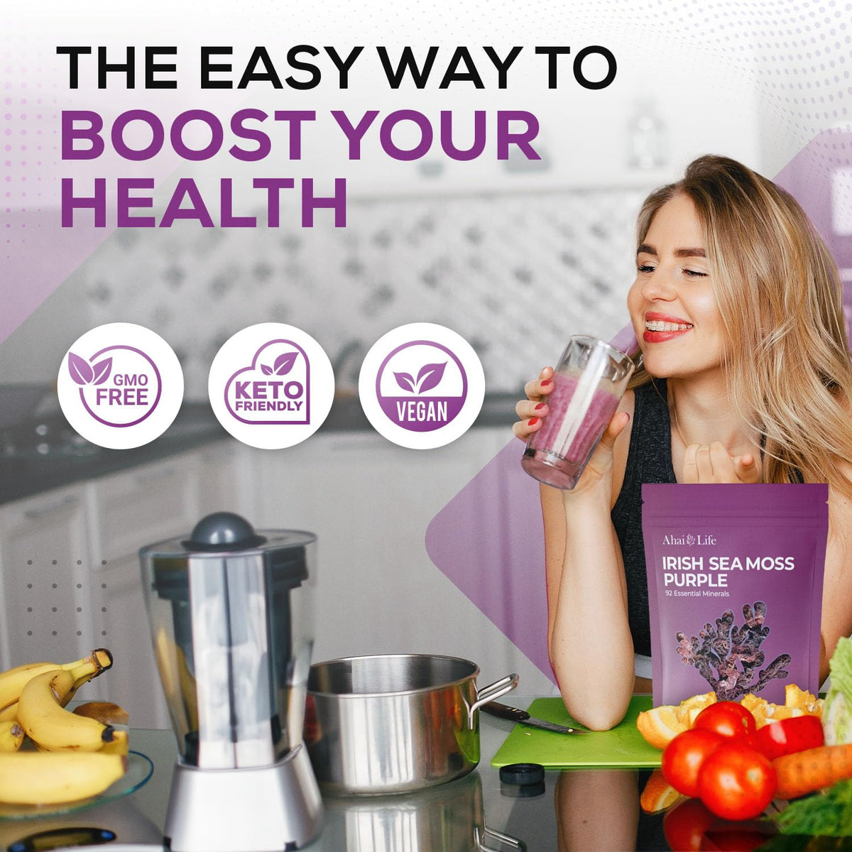 Ahai Life Purple Sea Moss soaking process image showing rinse and soak