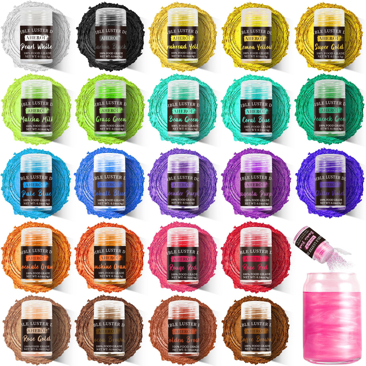 Aheroi edible glitter 24 colors palette adds vibrant, food-safe sparkle to cakes