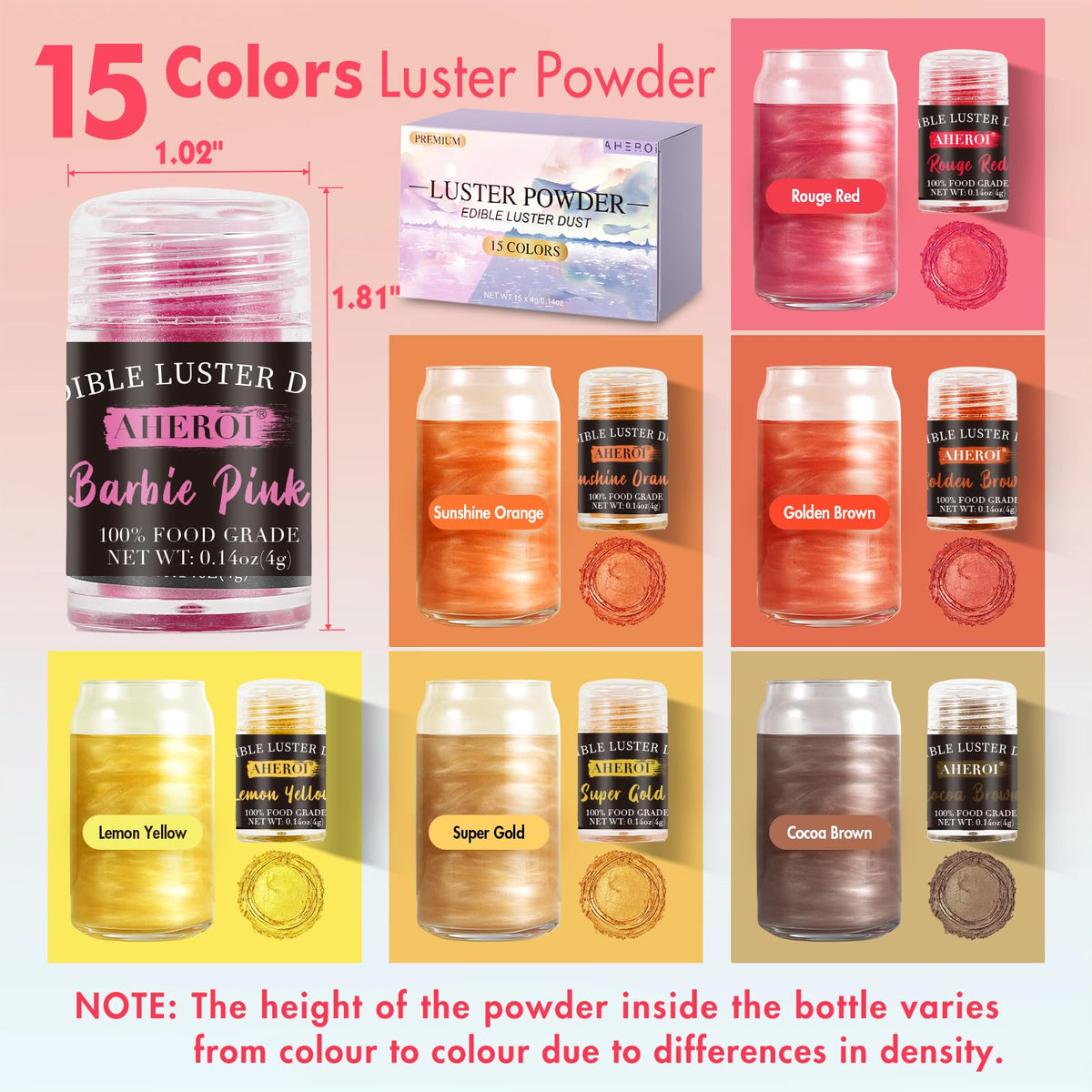 Aheroi edible glitter color palette with 15 vibrant options.