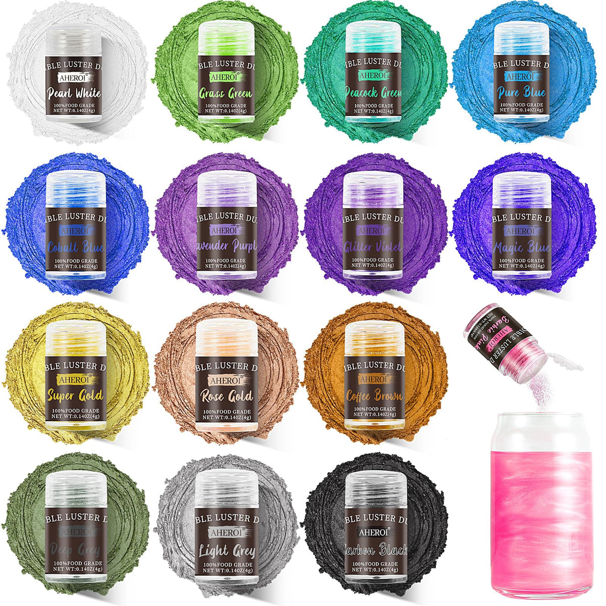 Aheroi edible glitter set with 15 colorful bottles for drinks and desserts.