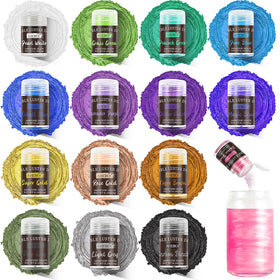 Aheroi edible glitter set with 15 colorful bottles for drinks and desserts.