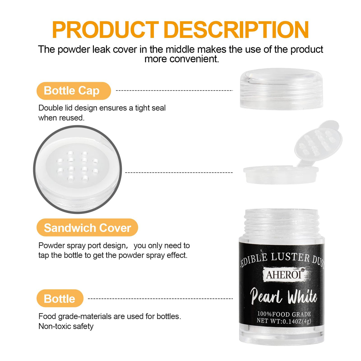 Aheroi edible glitter with sifted-cap design for easy even application.