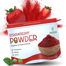 Ahimsa freeze-dried strawberry powder in a resealable jar for pantry convenience.