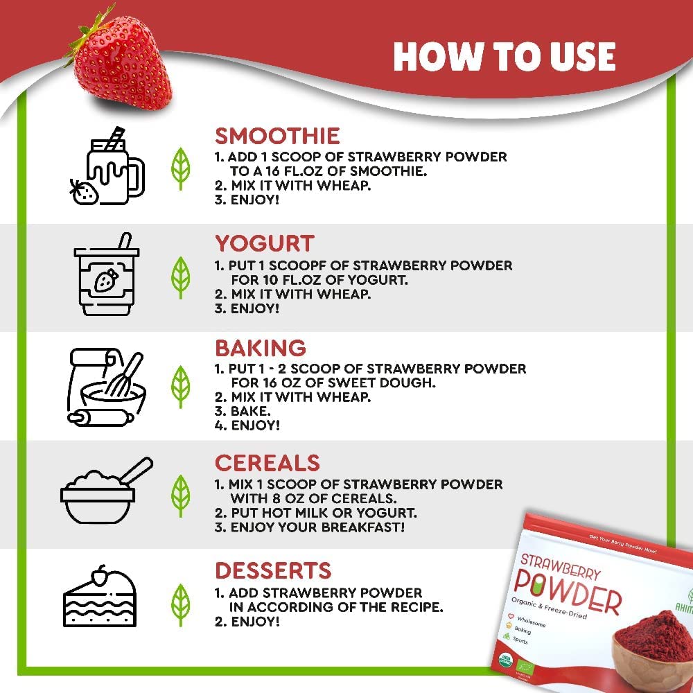 Ahimsa strawberry powder in a sealed pack showing fresh fruit quality.