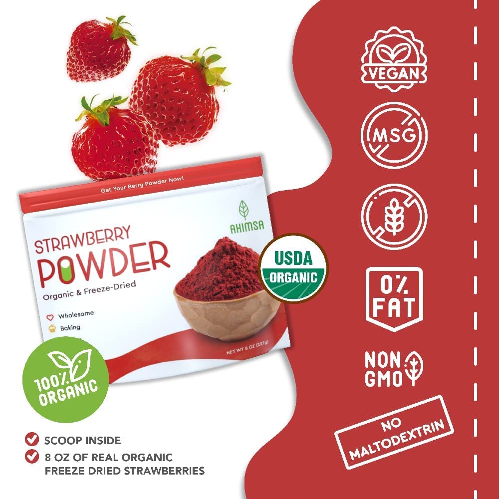 Ahimsa organic strawberry powder in a bowl for smoothies and cereals.