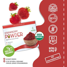 Ahimsa organic strawberry powder in a bowl for smoothies and cereals.