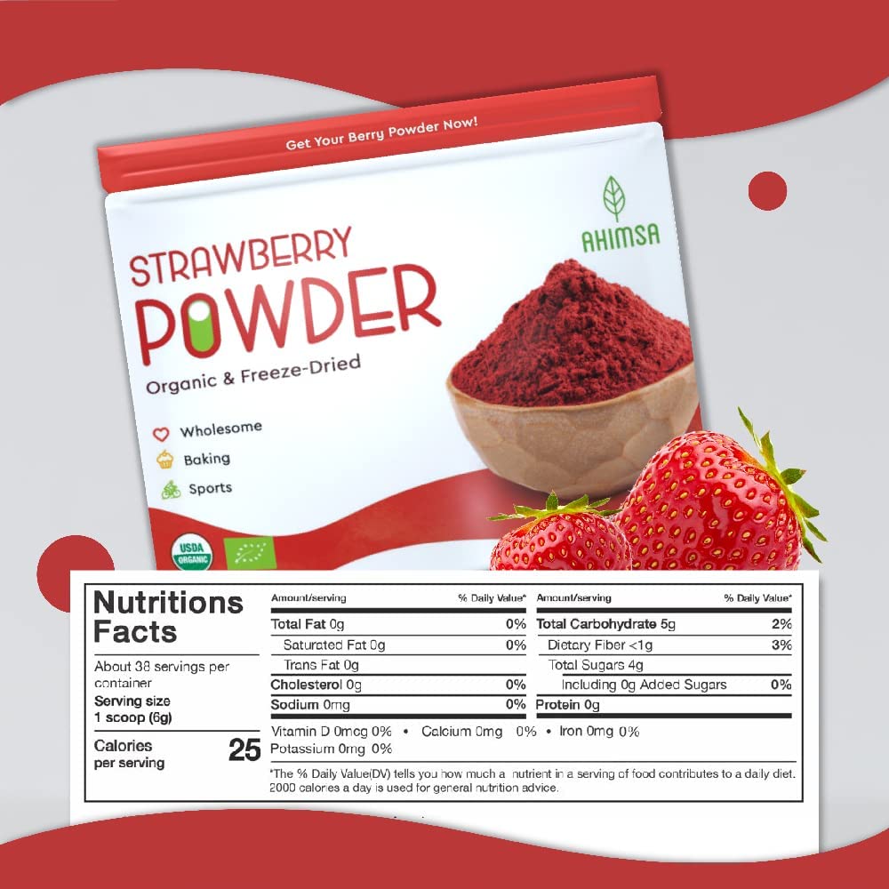 Ahimsa strawberry powder sprinkled on yogurt for bright fruit flavor.