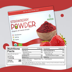 Ahimsa strawberry powder sprinkled on yogurt for bright fruit flavor.