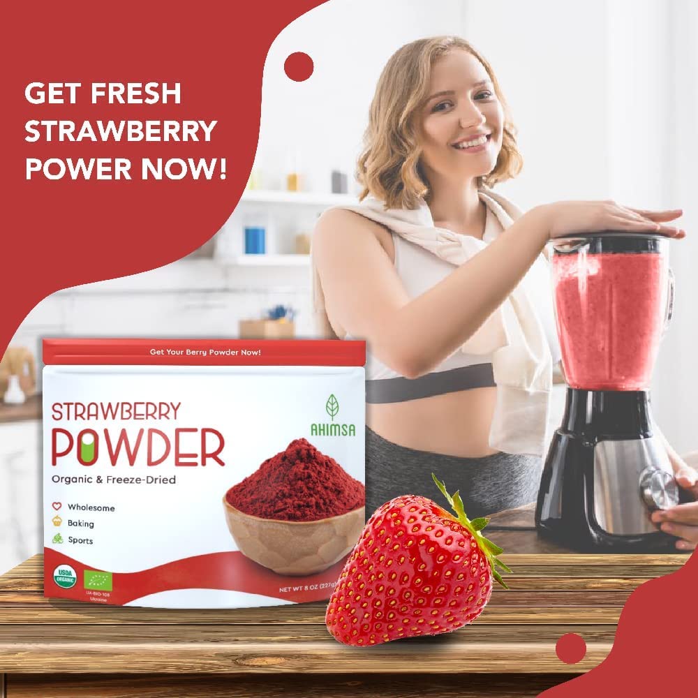Ahimsa strawberry powder scoop inside package for easy daily use.