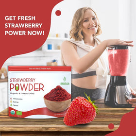 Ahimsa strawberry powder scoop inside package for easy daily use.