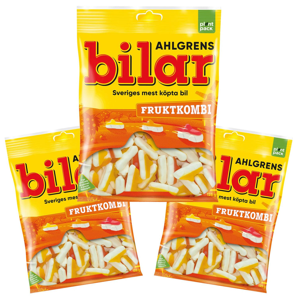 Ahlgrens Bilar fruit combo pack: chewy marshmallow cars for quick fruity treats