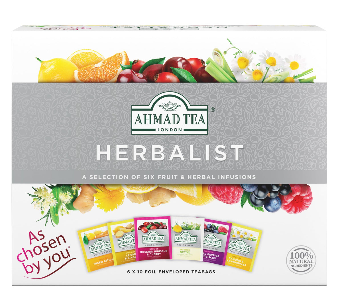 Ahmad Tea Ammad Tea Herbalist Selection gift box front view showcasing the decaf, sugar-free blends.