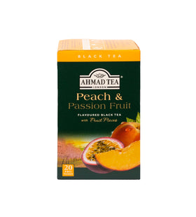 Ahmad Tea black tea peach and passion fruit tea bags in a 20-count box, convenient for daily use