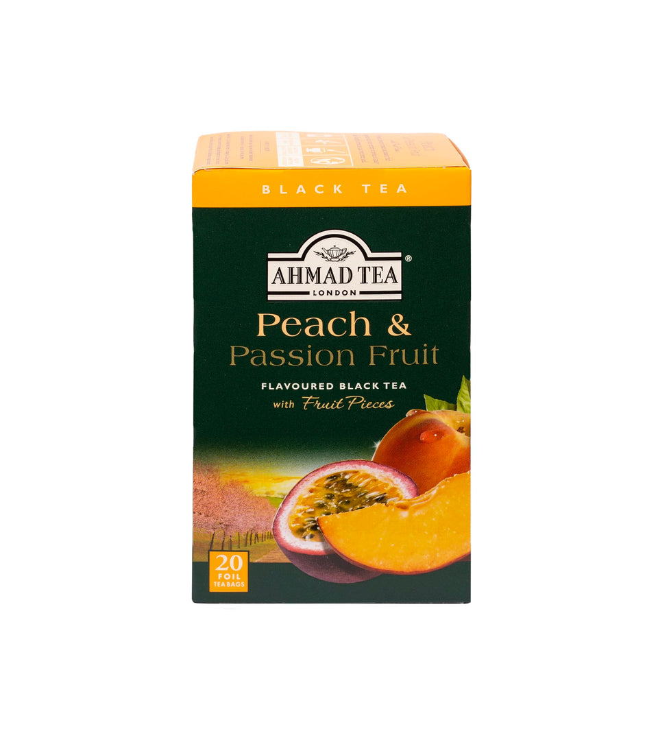 Ahmad Tea black tea peach and passion fruit tea bags in a 20-count box, convenient for daily use