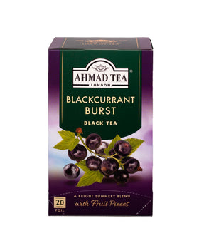 Ahmad Tea Blackcurrant Burst bottle with brew-ready tea bags for a refreshing berry lift.