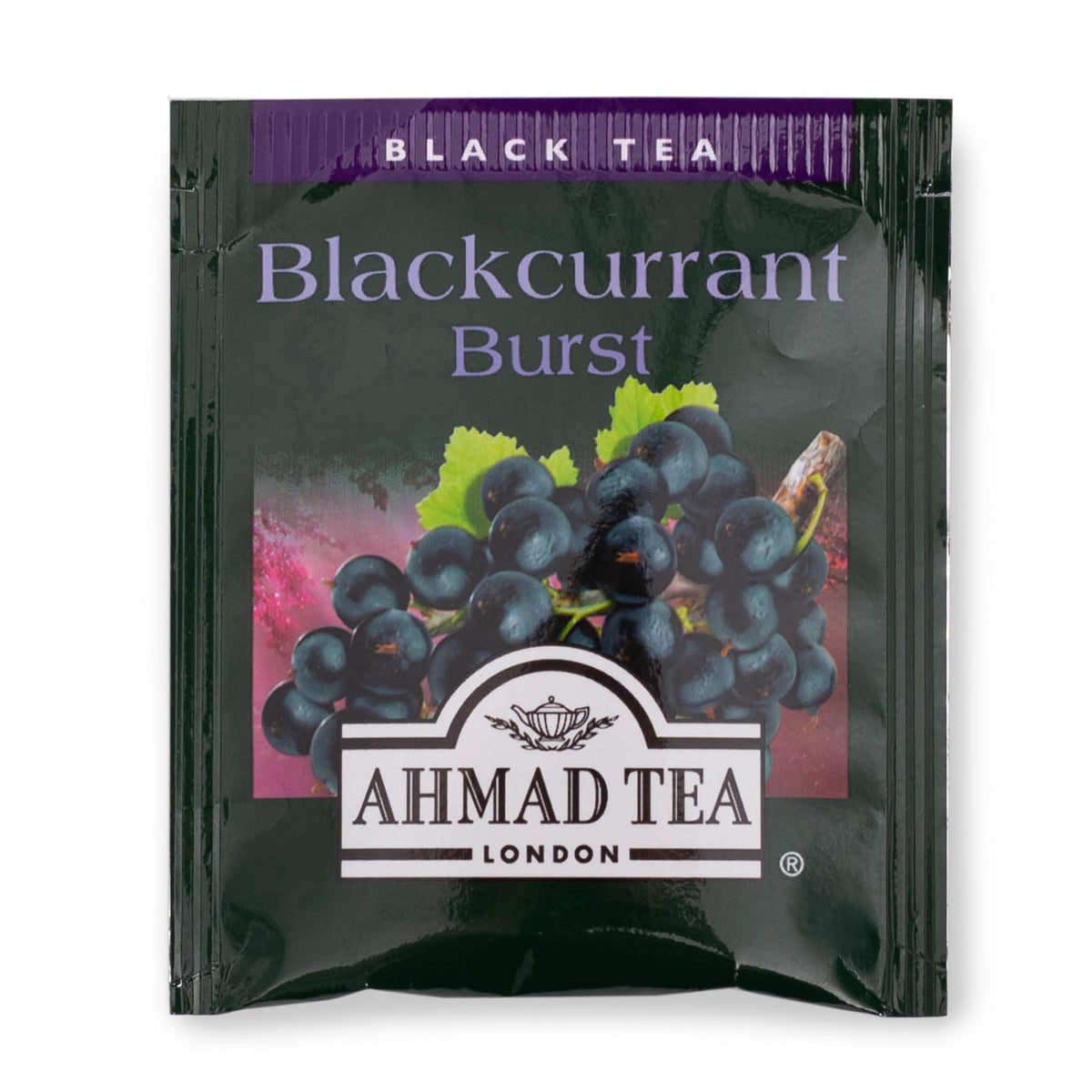 Serving glass of iced Ahmad Tea Blackcurrant Burst, a cool berry treat on warm days.