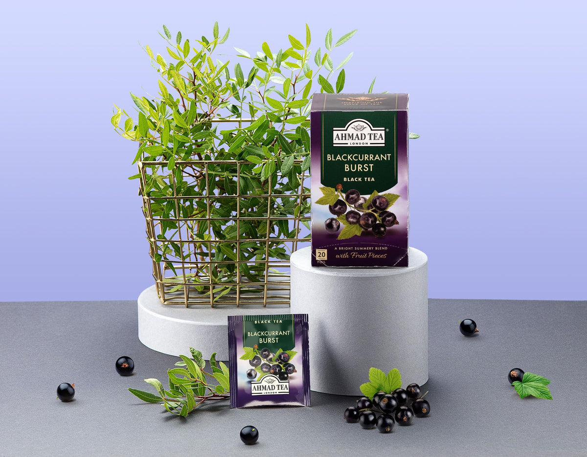 Ahmad Tea Blackcurrant Burst tea bags ready to steep for bold, berry-forward flavor.