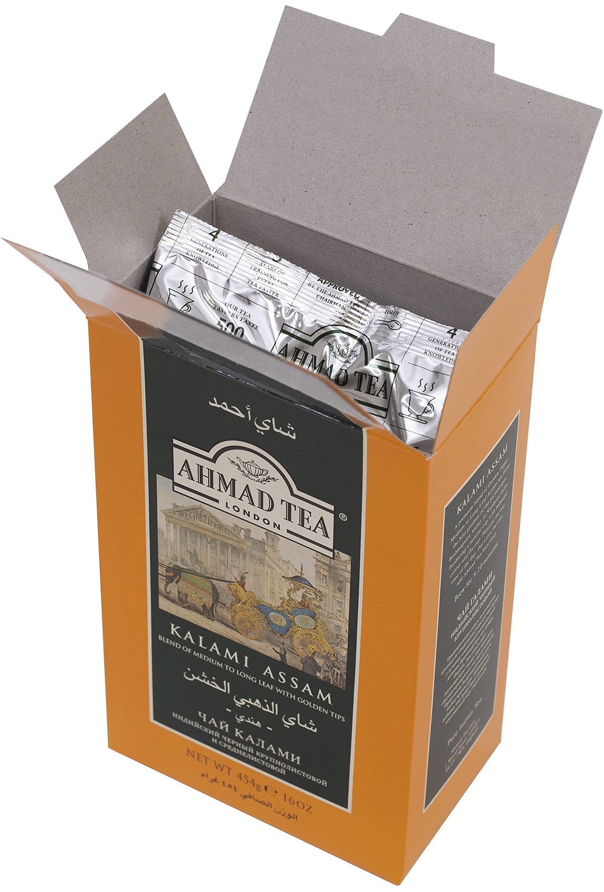 Brewed amber infusion in a cup of Ahmad Tea London Kalami Assam.