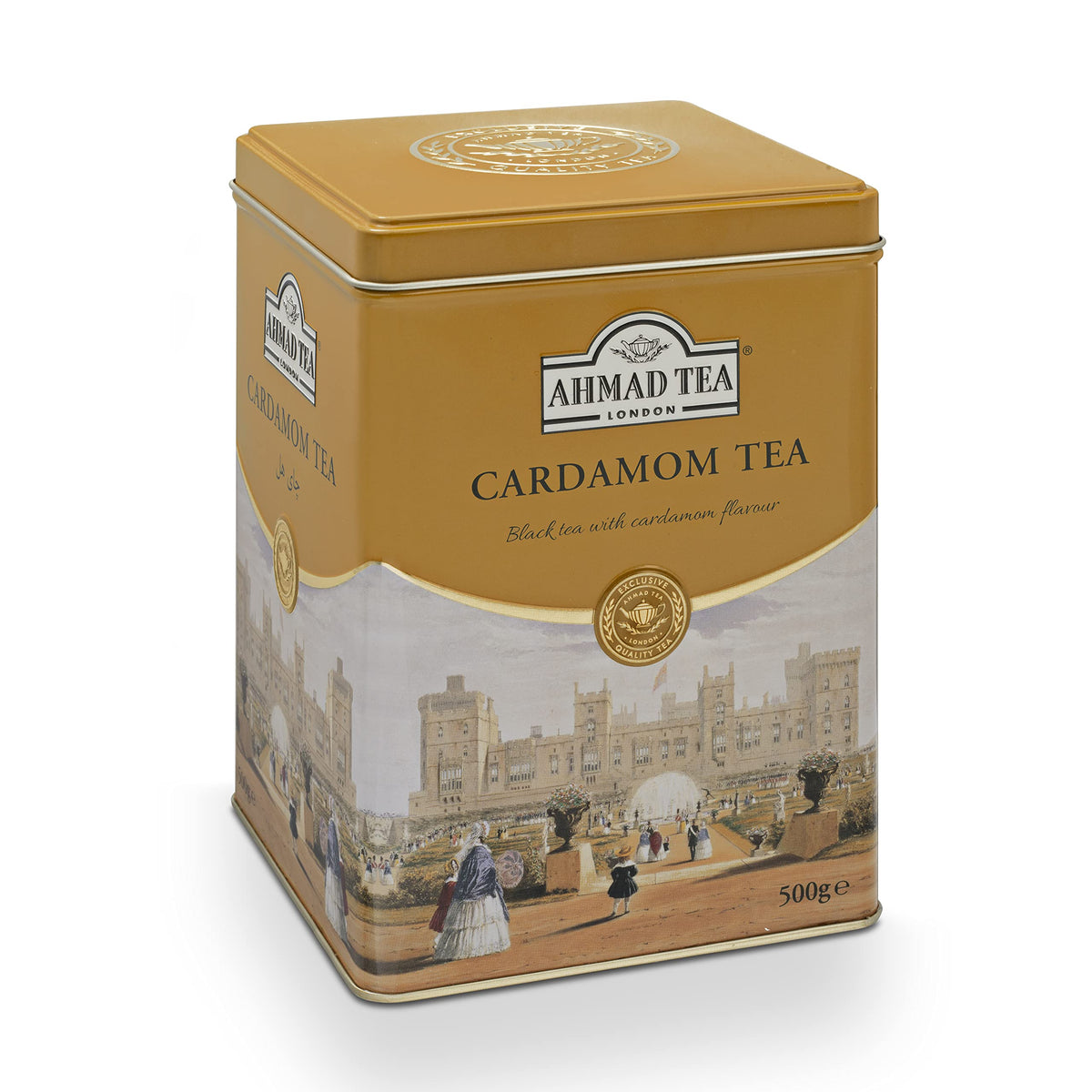 Ahmad Tea Cardamom loose tea leaf closeup, vibrant spices and quality leaves.