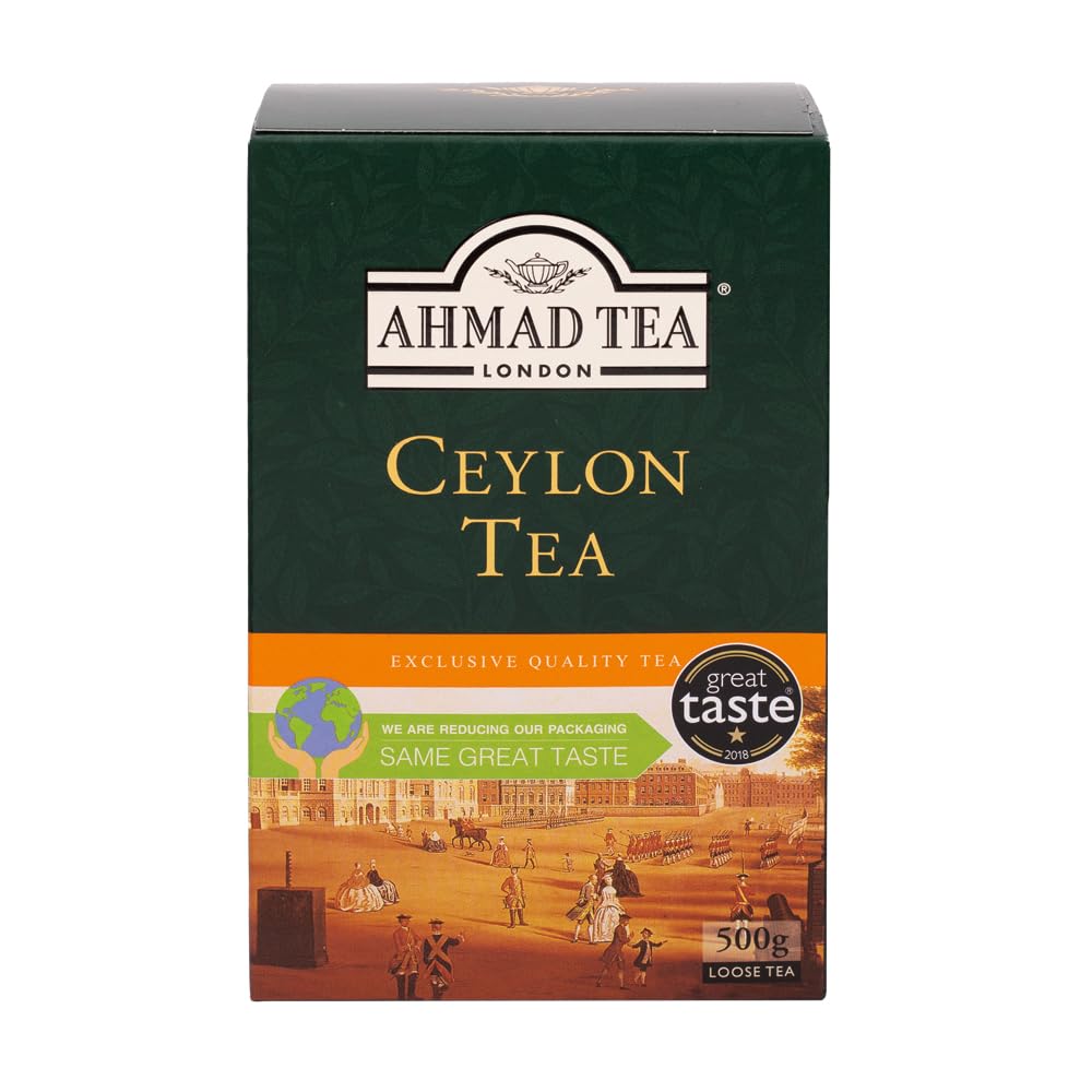 Ahmad Tea Ceylon loose-leaf tea with amber brew, energizing start to your day