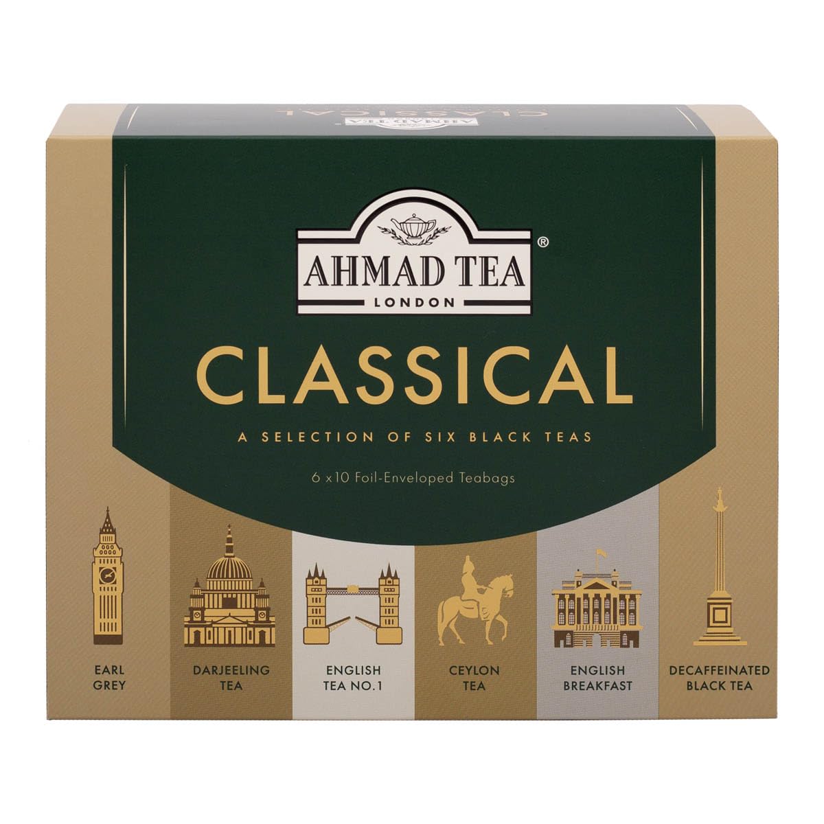 Ahmad Tea Classic Selection Box: six premium black tea bags for gifting.