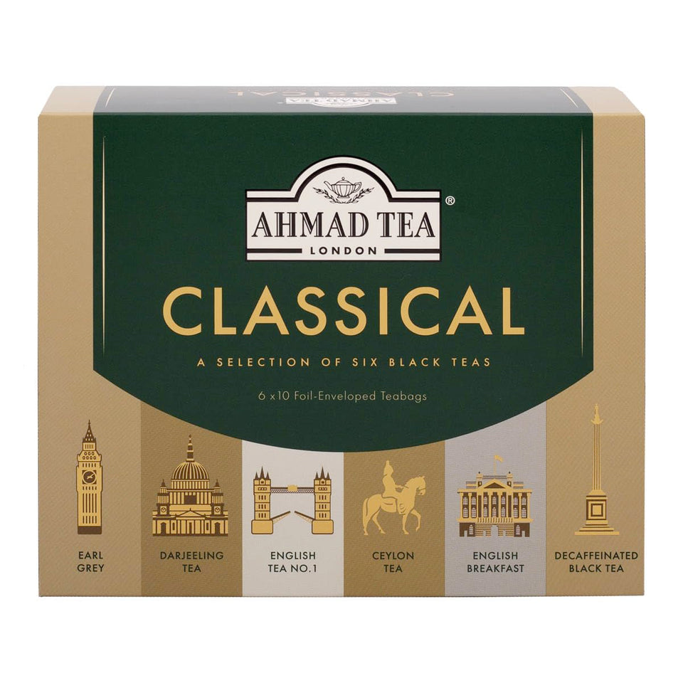 Ahmad Tea Classic Selection Box: six premium black tea bags for gifting.