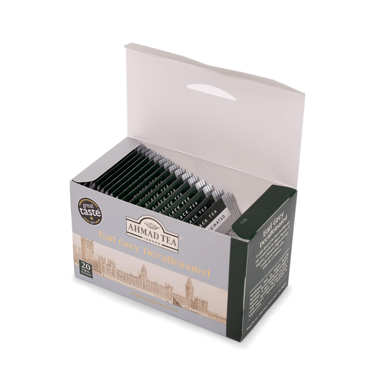 Ahmad Tea Decaf Earl Grey box pack showcasing premium blend and convenience.