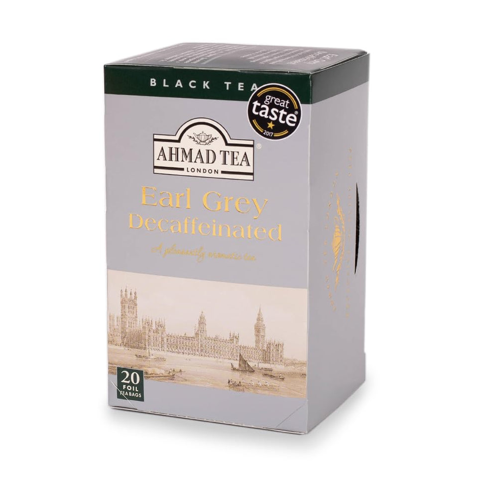 Ahmad Tea Decaf Earl Grey tea bags for a caffeine-free serenity.