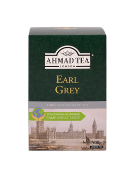 Ahmad Tea Earl Grey loose leaf in a 500g box with bergamot aroma for bright mornings.