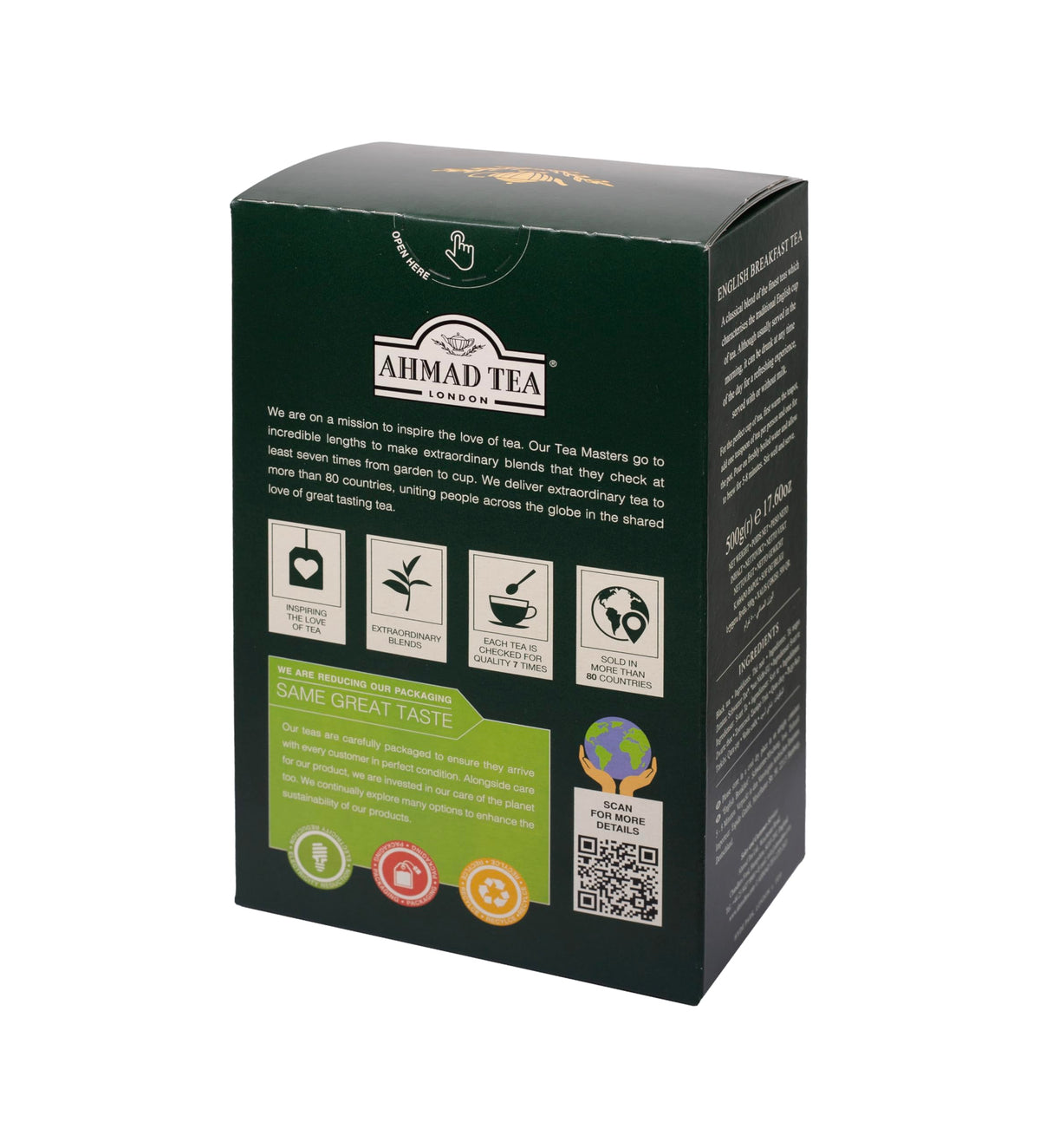 Ahmad Tea English Breakfast highlighting ethical sourcing and responsible practices.