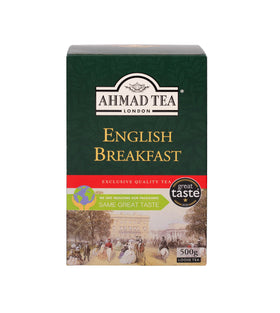 Ahmad Tea English Breakfast loose-leaf 500g box, premium daily brew.